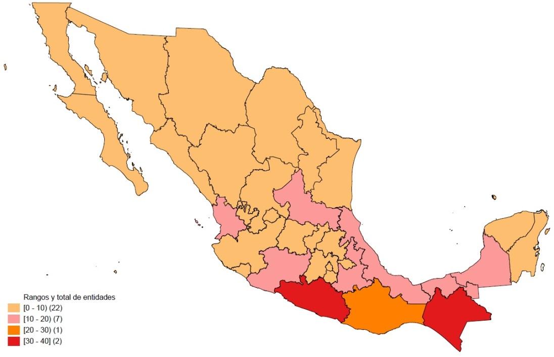 6. Mapa: porcentaje de la población en pobreza, según entidad federativa, 2012 Fuente: estimaciones del CONEVAL con base en el MCS-ENIGH 2012. 7.