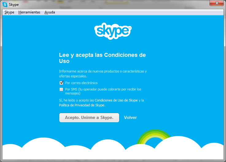 Hacemos clic en Soy nuevo en Skype para iniciar la sesión con la cuenta de Microsoft.