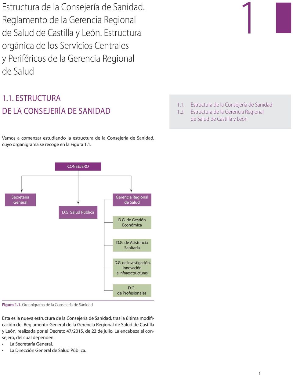 Estructura de la Gerencia Regional de Salud de Castilla y León Vamos a comenzar estudiando la estructura de la Consejería de Sanidad, cuyo organigrama se recoge en la Figura 1.
