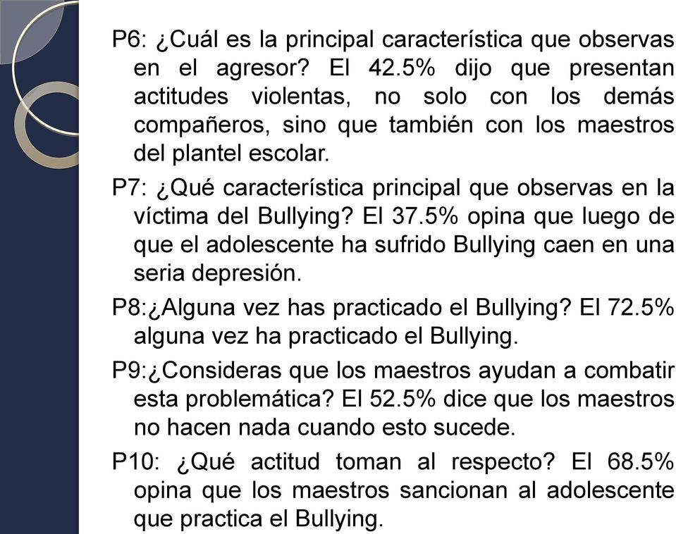P7: Qué característica principal que observas en la víctima del Bullying? El 37.5% opina que luego de que el adolescente ha sufrido Bullying caen en una seria depresión.