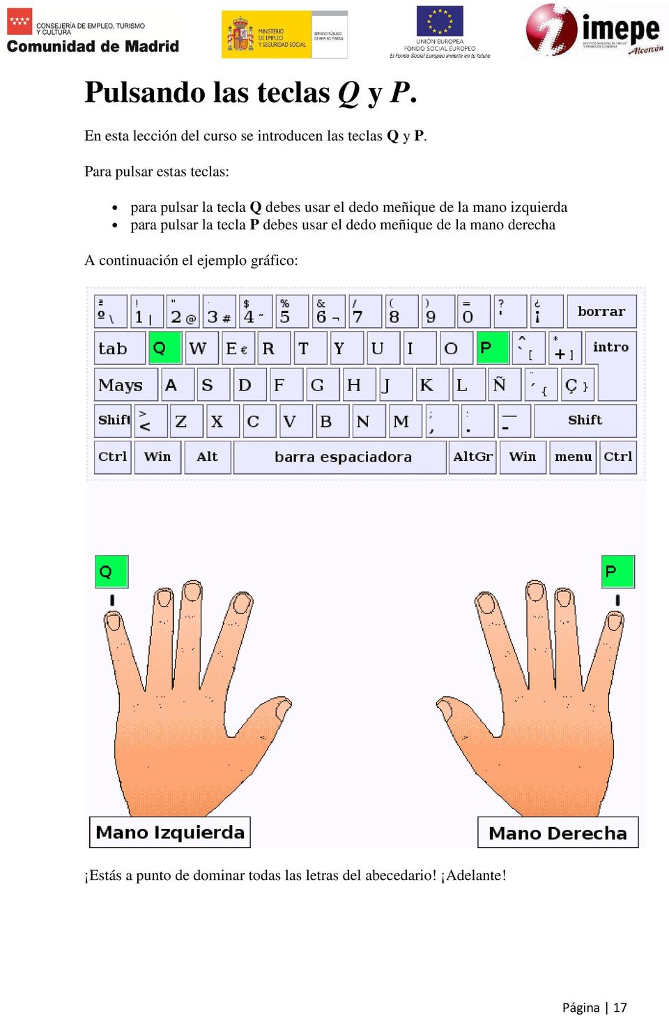 izquierda para pulsar la tecla P debes usar el dedo meñique de la mano derecha A