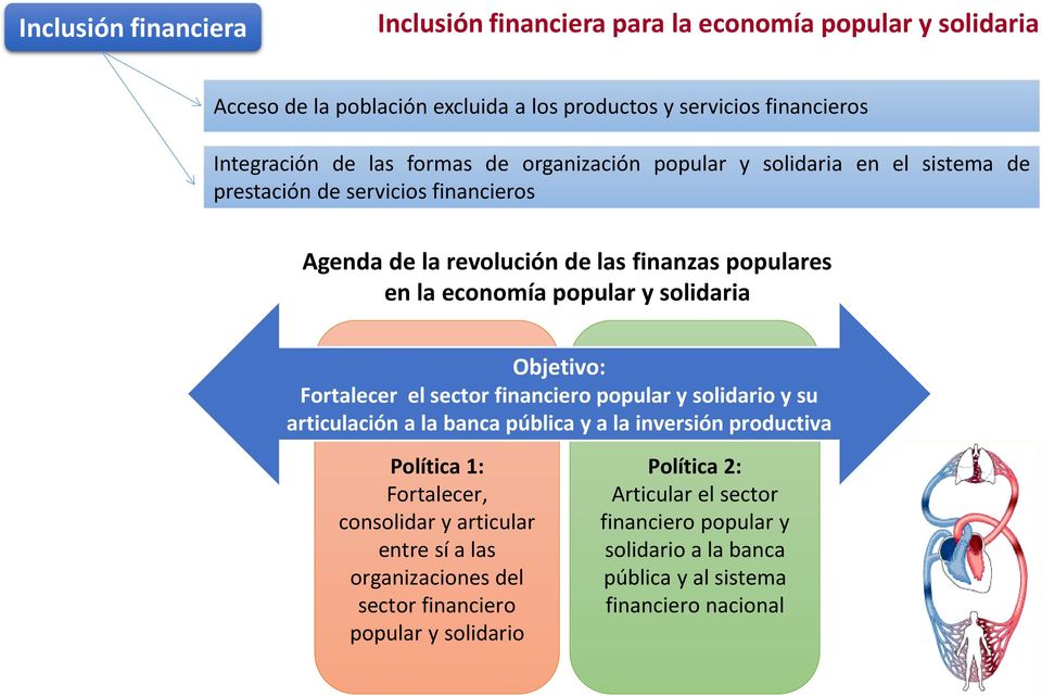 Objetivo: Fortalecer el sector financiero popular y solidario y su articulación a la banca pública y a la inversión productiva Política 1: Fortalecer, consolidar y articular
