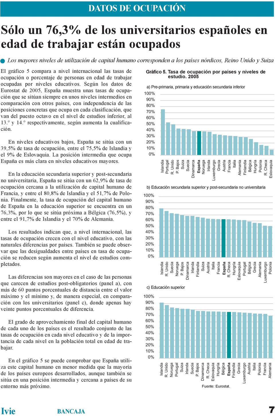 Según los datos de Eurostat de 2005, muestra unas tasas de ocupación que se sitúan siempre en unos niveles intermedios en comparación con otros países, con independencia de las posiciones concretas
