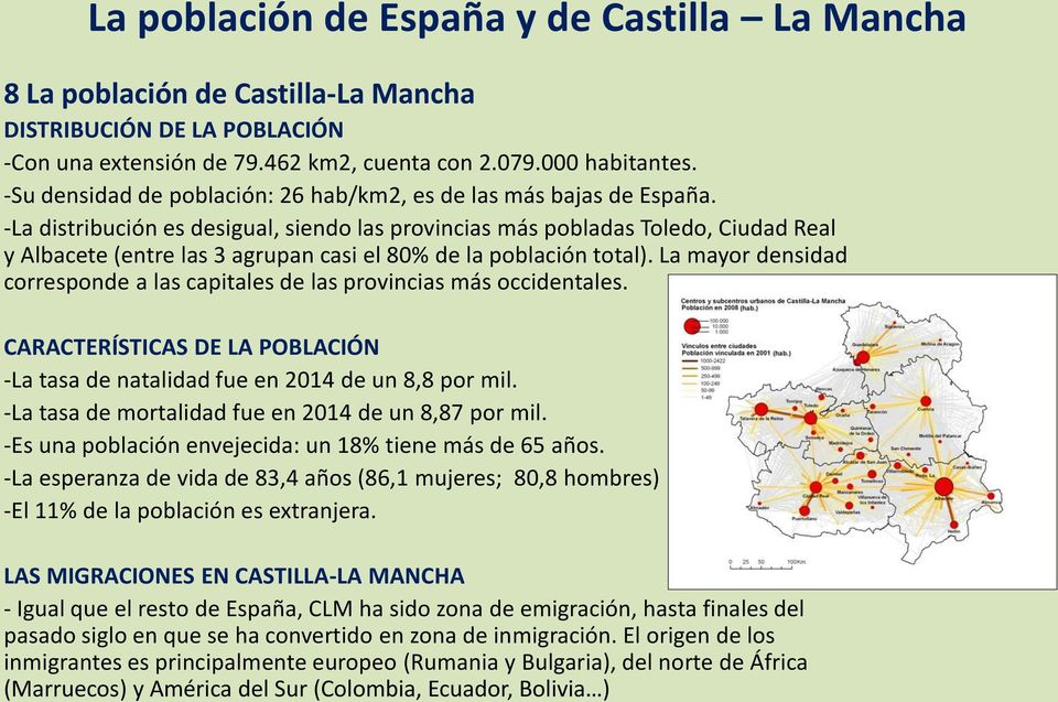 -La distribución es desigual, siendo las provincias más pobladas Toledo, Ciudad Real y Albacete (entre las 3 agrupan casi el 80% de la población total).