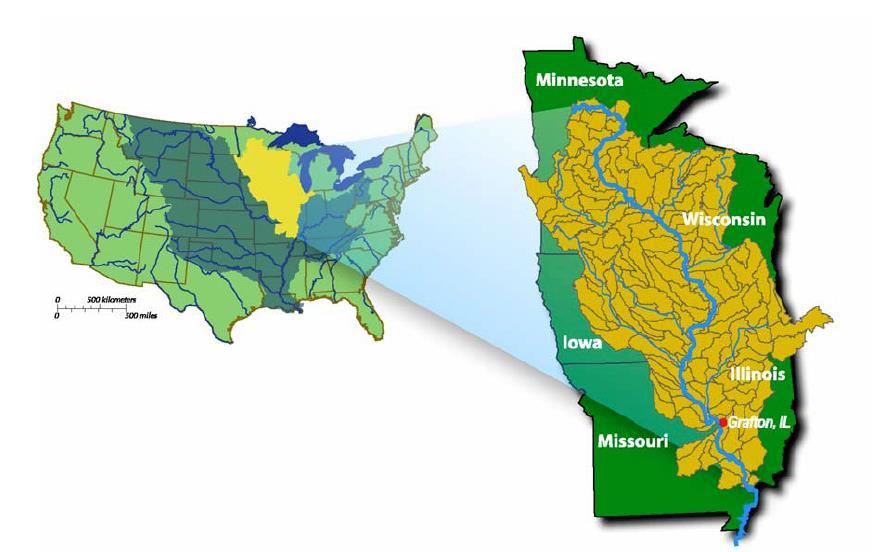 Ubicación de la cuenca alta del río Mississippi, hasta Grafton (IL) Area de la Cuenca: 447.
